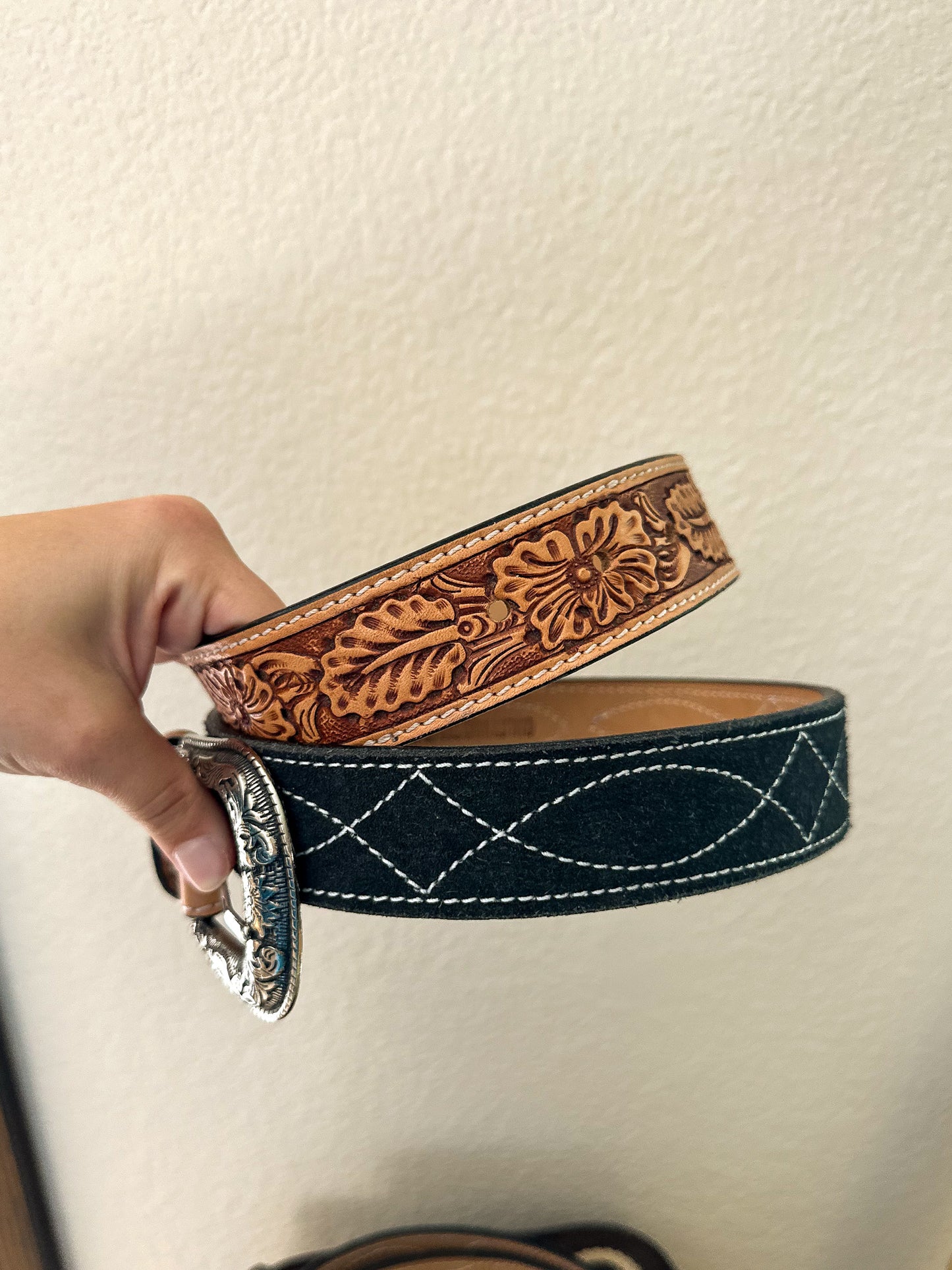 Black Boot Stitch Tooled Leather Belt