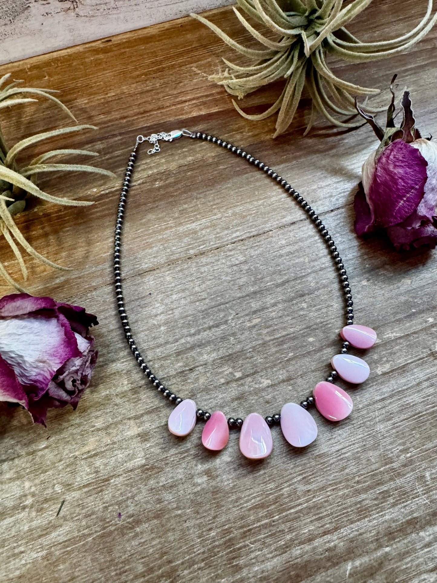 14" Pink Conch Petal Choker – 3mm Sterling Silver Pearls