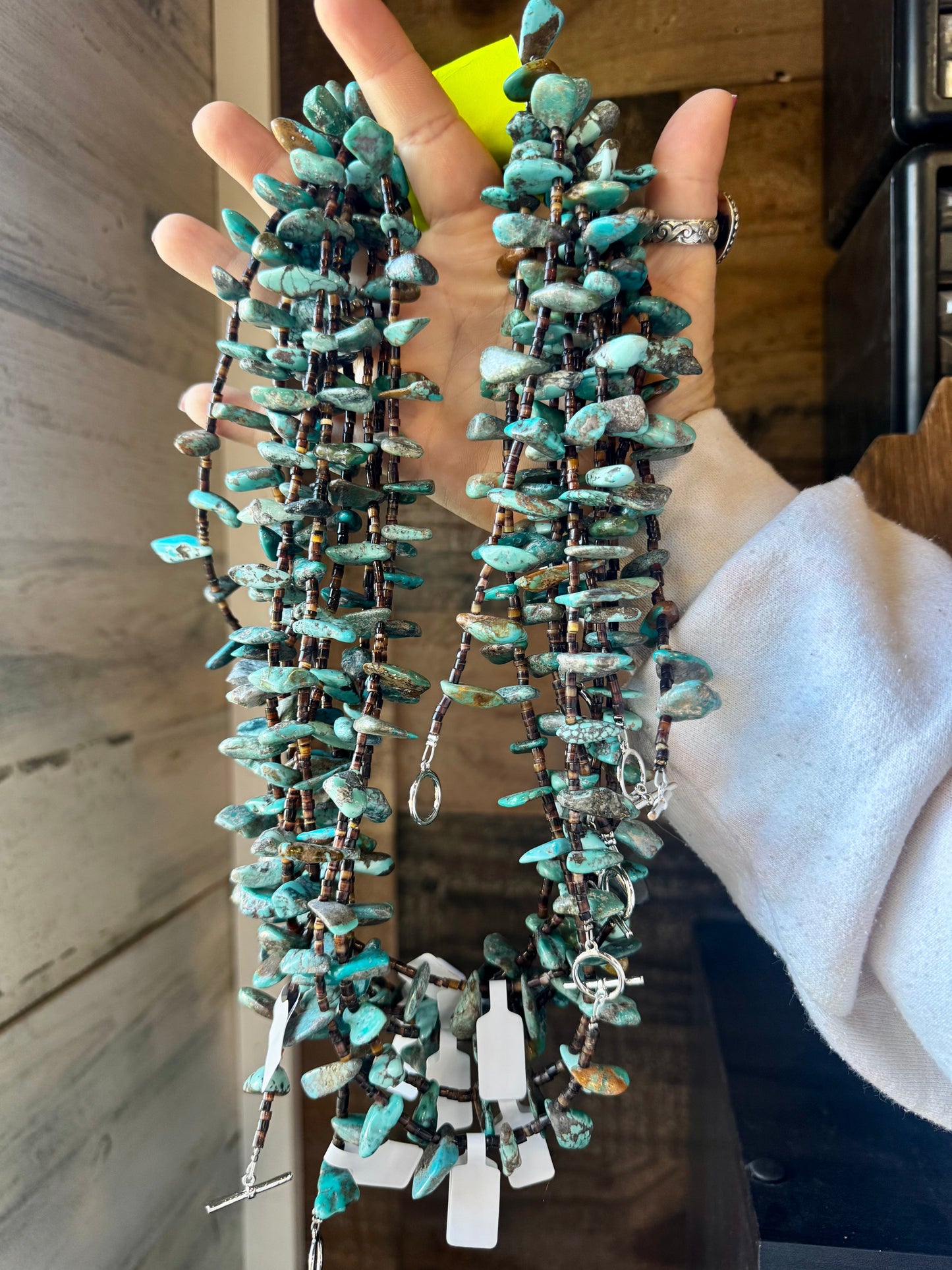 30 inch long shell and turquoise necklace