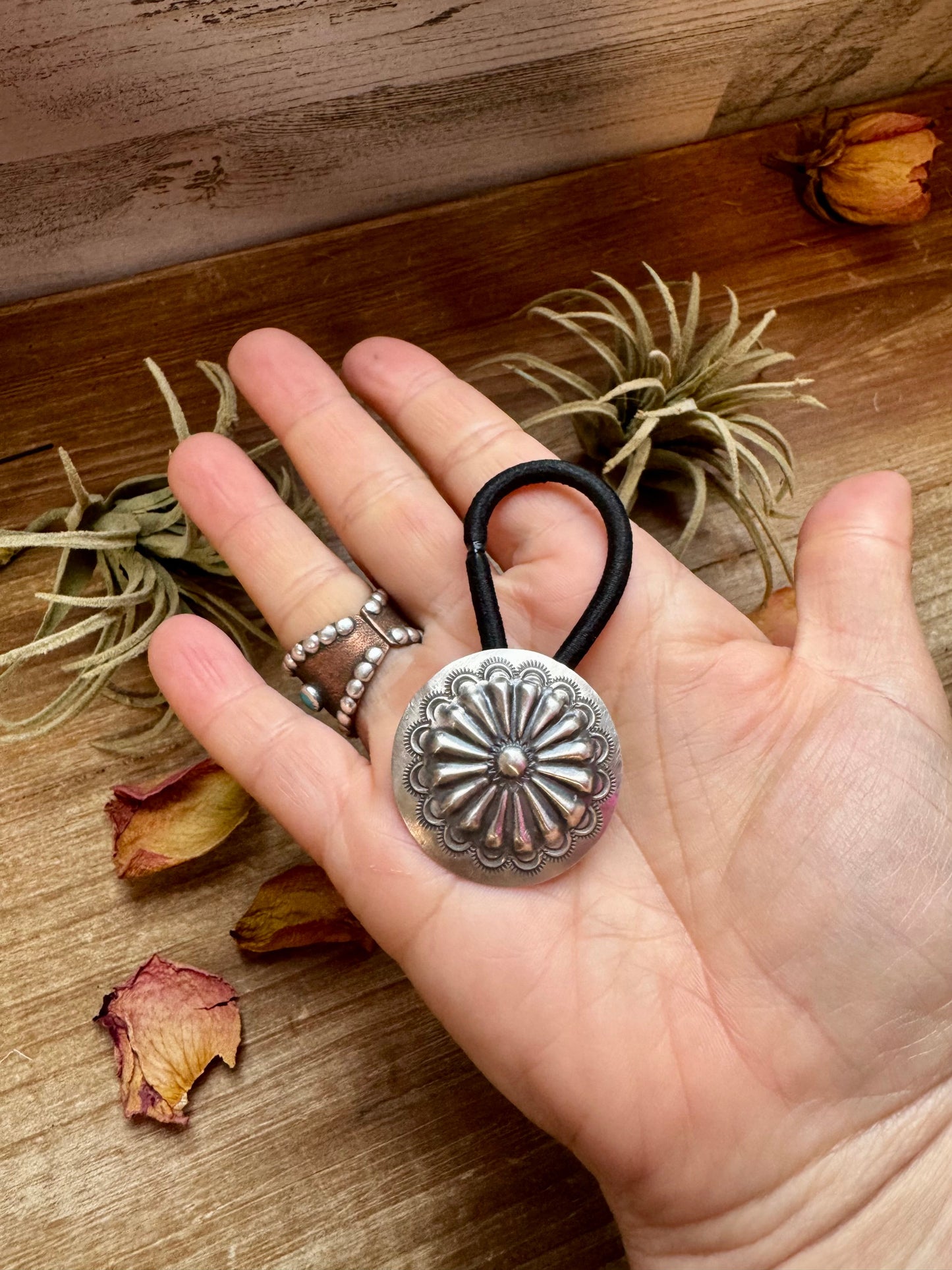 Sterling Silver Hair Tie – Stamped Concho Detail