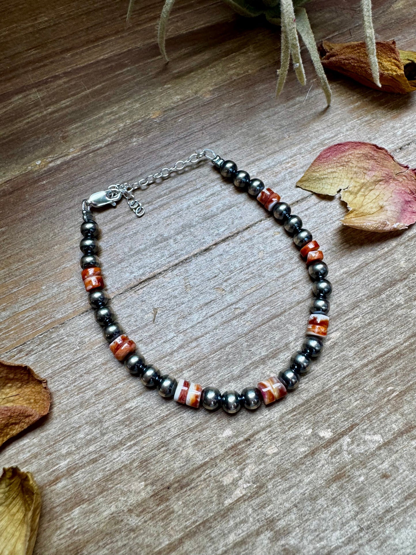 Sterling Silver Pearl Bracelet with Red-Orange Spiny Oyster Heishi