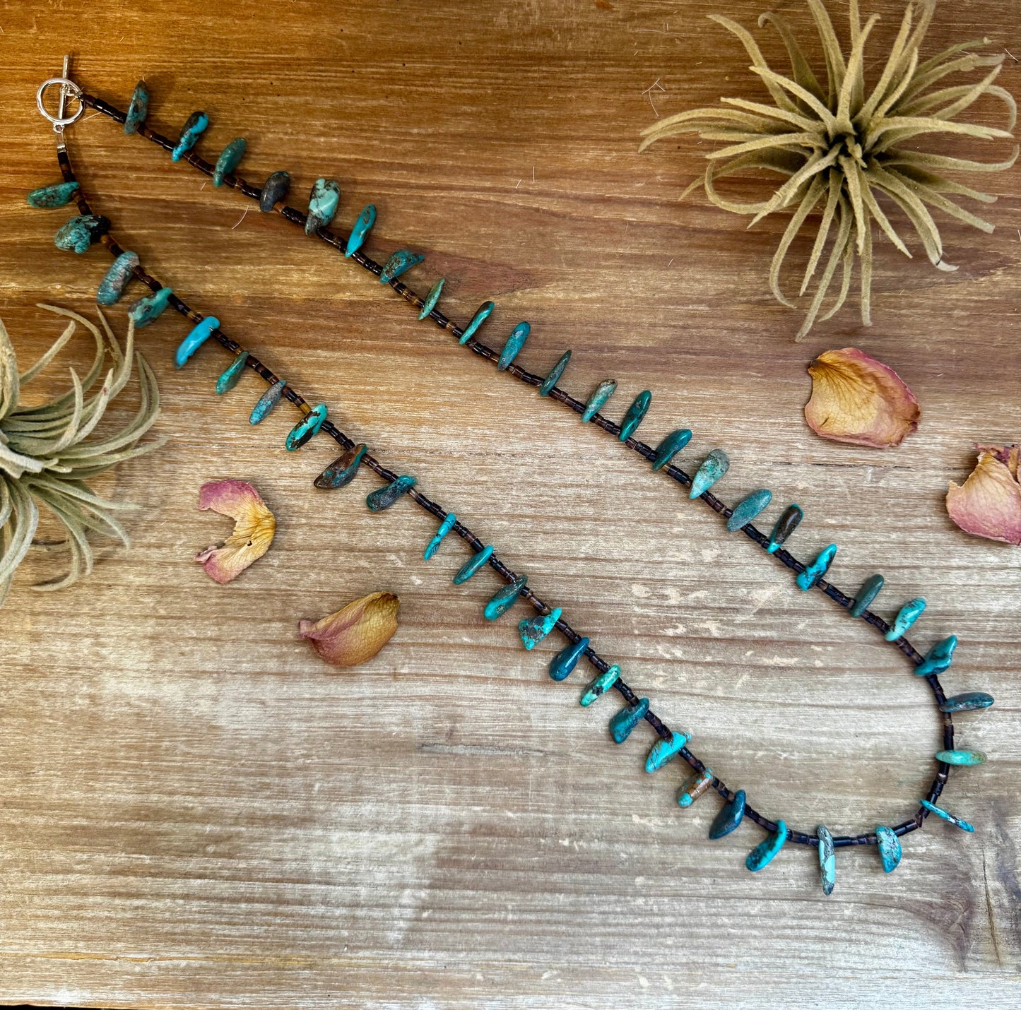 30 inch long shell and turquoise necklace