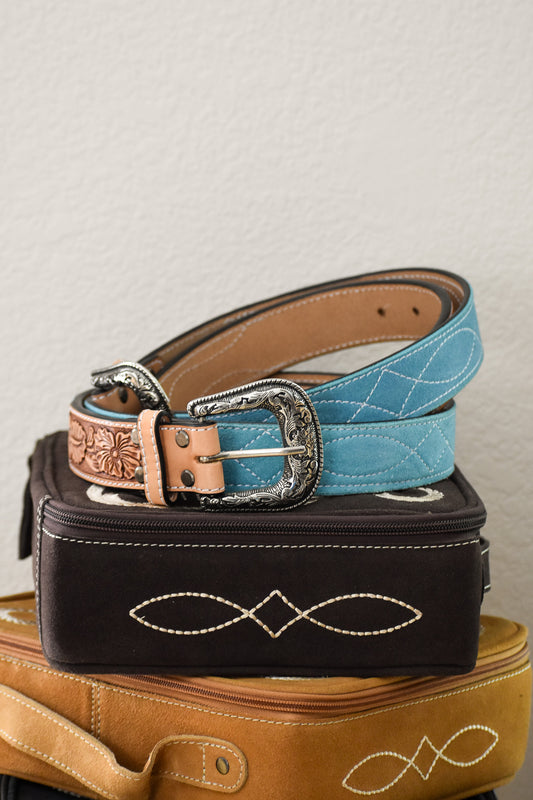 Turquoise Boot Stitch Tooled Leather Belt