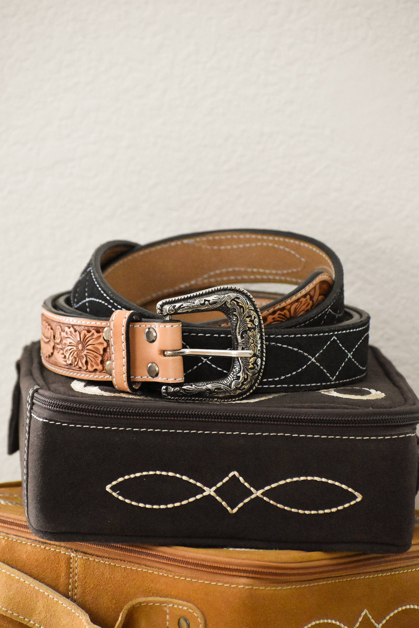 Black Boot Stitch Tooled Leather Belt