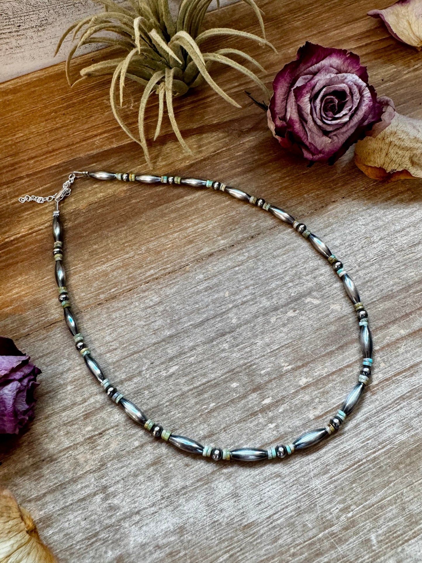 14.5" Torpedo Bead Choker – Sterling Silver Pearls & Green Turquoise