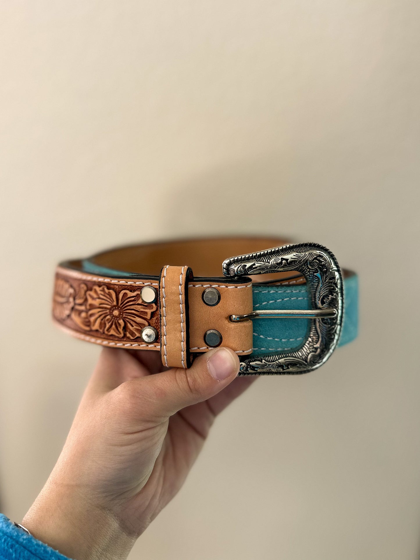 Turquoise Boot Stitch Tooled Leather Belt
