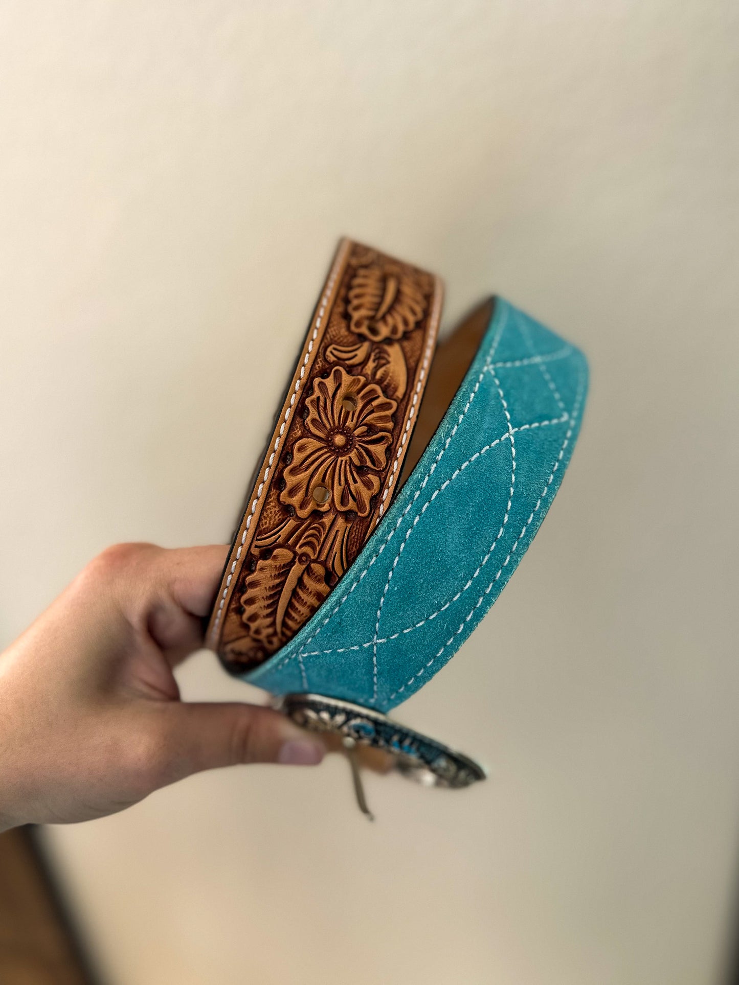 Turquoise Boot Stitch Tooled Leather Belt