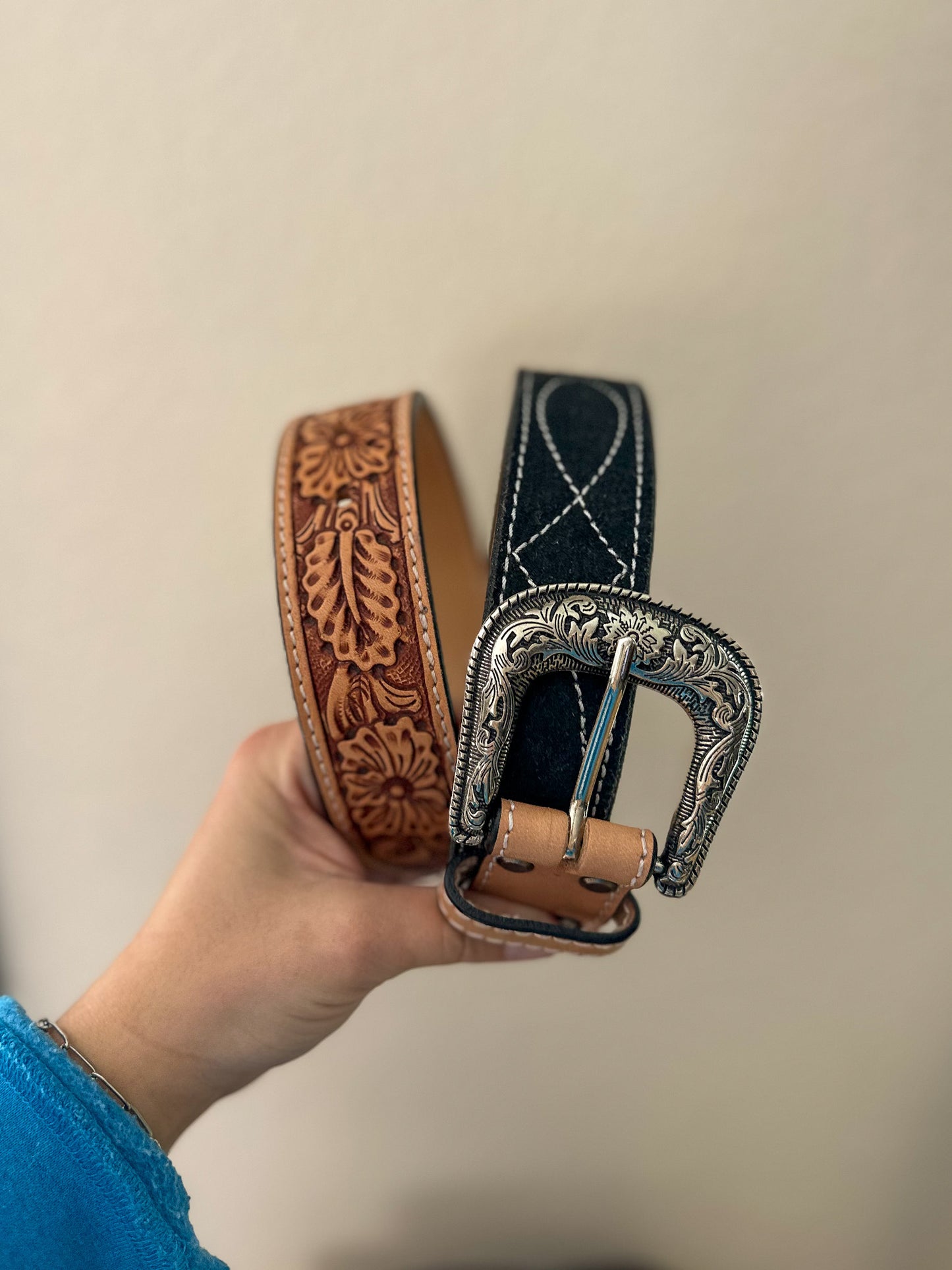 Black Boot Stitch Tooled Leather Belt