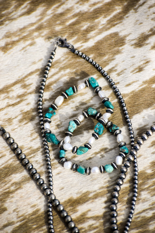 Turquoise & Freshwater Pearl Stretch Bracelet